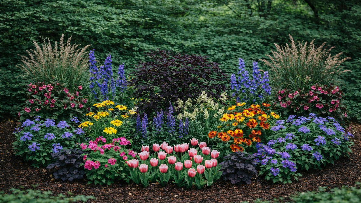 An illustration showing how this perennial garden provides color from spring through fall.