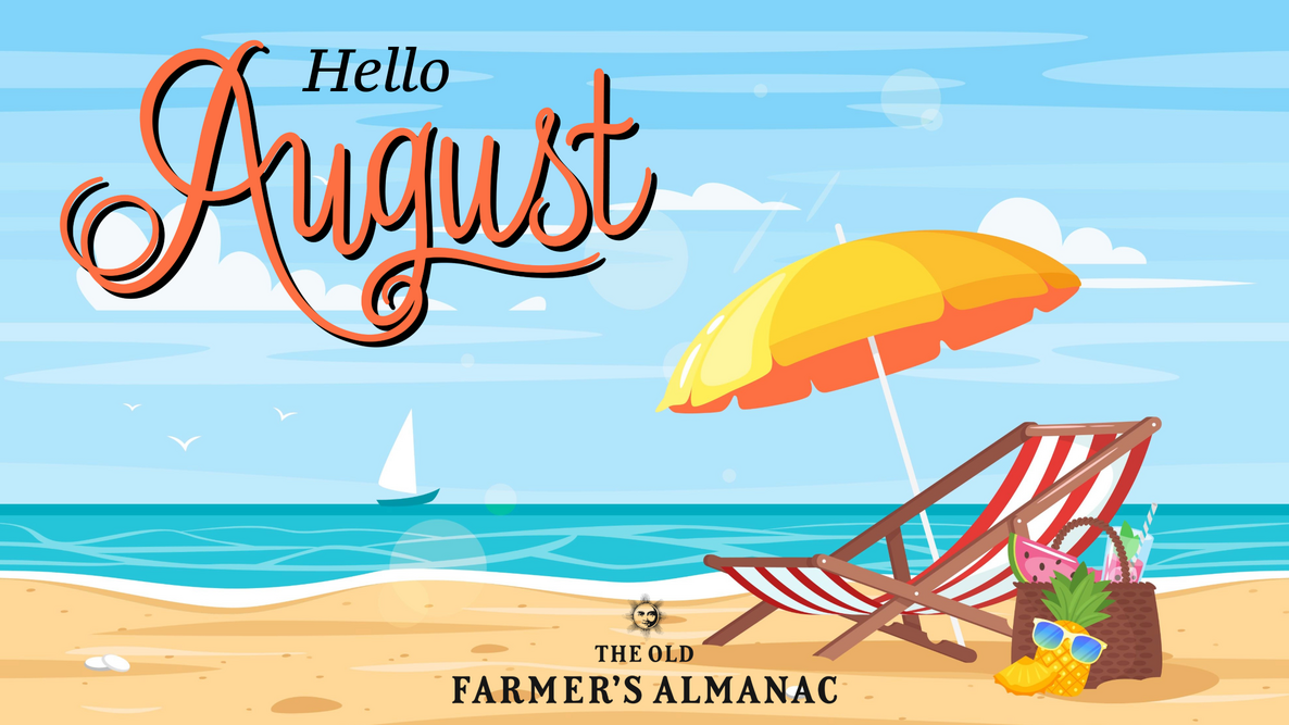 sitting at a beach in a chair with an umbrella, hello august!