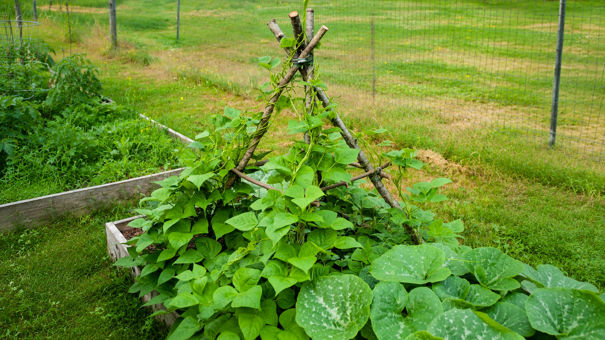 Bean teepee made from ash saplings with climbing beans