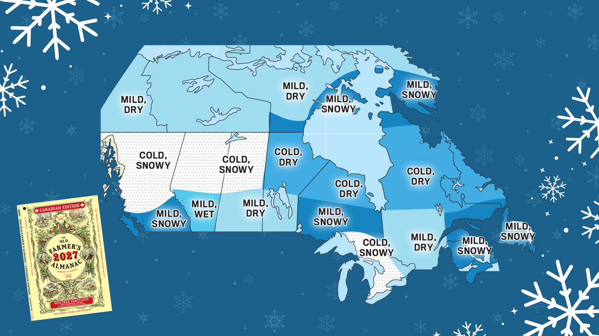 The Old Farmer’s Almanac 2026–2027 Canada winter forecast map with the 2027 Canadian Edition cover.