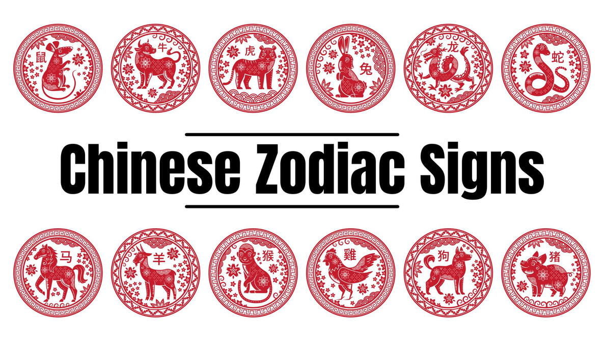 Round Chinese zodiac signs. Circle stamps with animal of year, china New Year mascot symbols. 12 months astrology goat, horse and rooster red stamp.