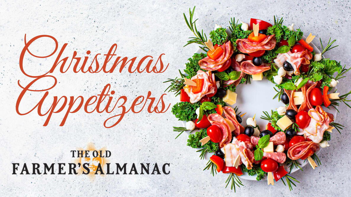 Christmas wreath of festive snacks. Cheese canapes with vegetables and ham. Christmas food wreath. Christmas Appetizers from The Old Farmer's Almanac