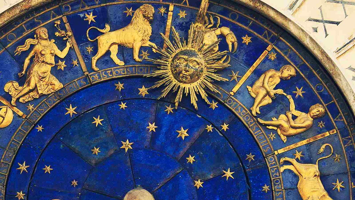 Zodiac dial on the Torre dell’Orologio in Venice, showing several of the 12 astrological signs.