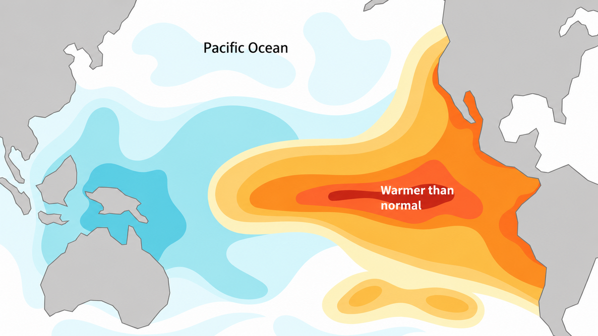 El Niño illustration showing warmer-than-normal water across the central and eastern tropical Pacific Ocean.