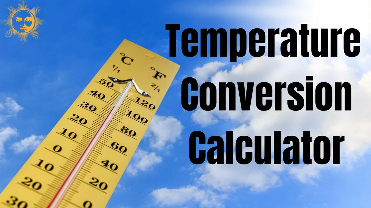temperature conversion calculator, blue sky with clouds with a thermometer in view. Celsius and Fahrenheit 