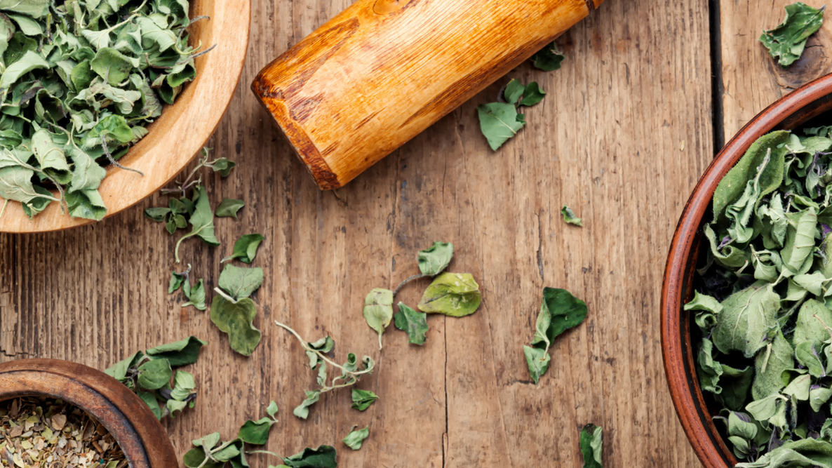 Mortar and pestle and herbs