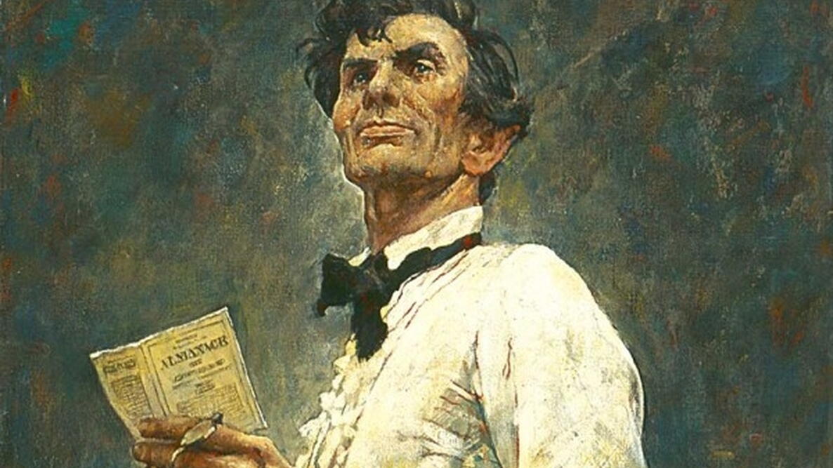 Norman Rockwell painting of Abraham Lincoln holding an 1857 almanac