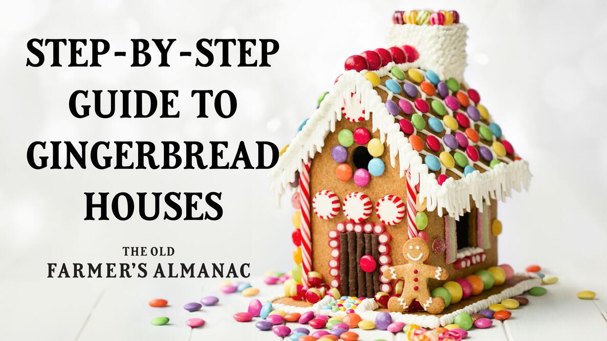Gingerbread house decorated with colorful candies against a white background