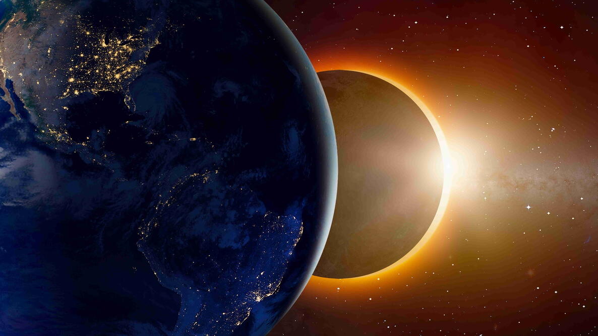 Illustration of Earth, the Moon, and the Sun aligned during a solar eclipse.