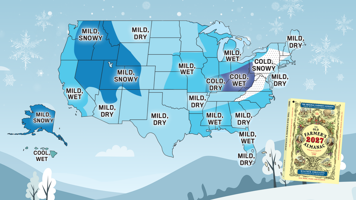 The Old Farmer’s Almanac 2026–2027 U.S. winter forecast map with the 2027 Almanac cover.