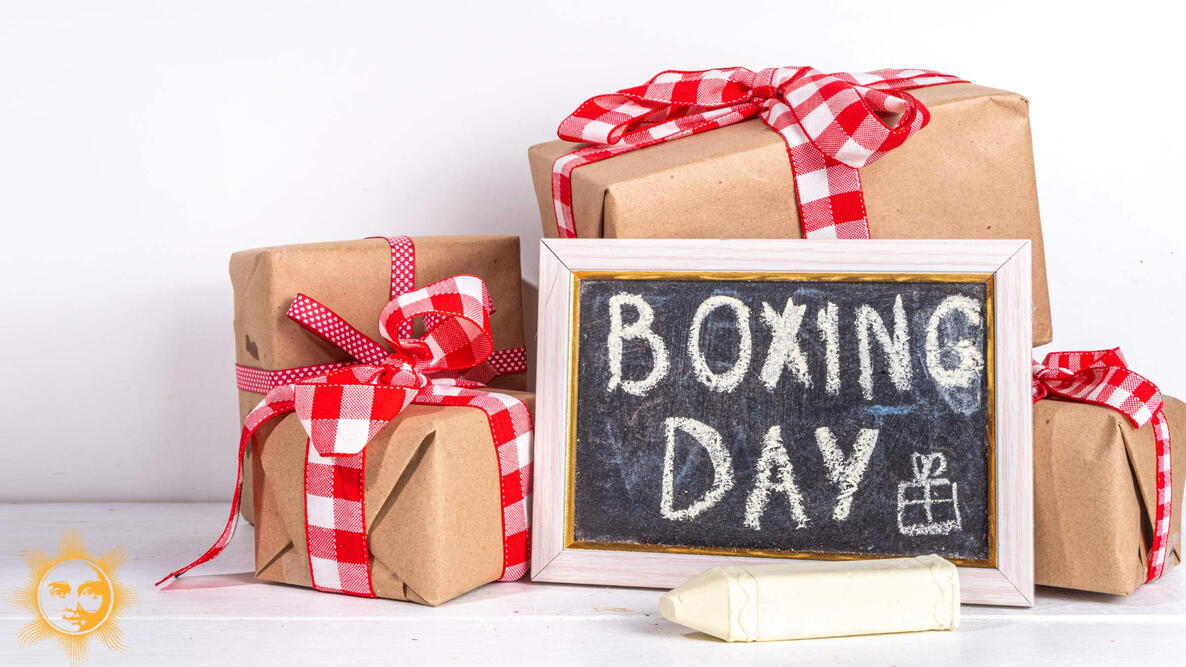 Boxing Day on a chalkboard with paper wrapped gifts 