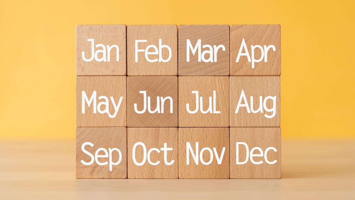 Yearly calendar icons set. All twelve months with names and serial numbers. Template for creating an icon for any day of the year. Flat vector illustration isolated on white. wood blocks