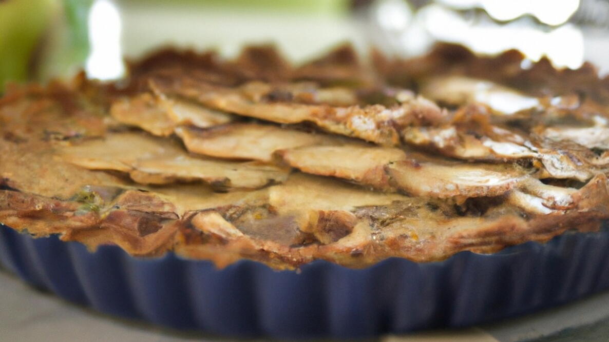 Apple quiche in a blue pie dish