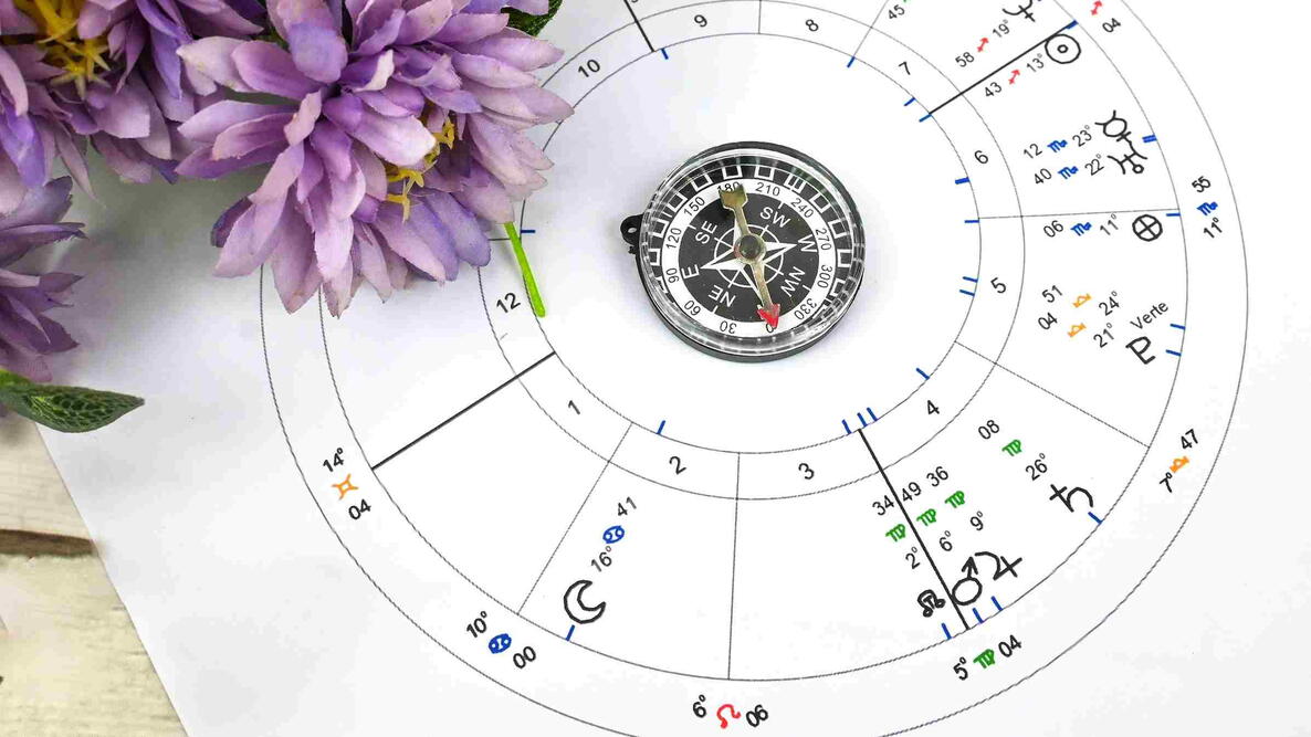 Printed astrology birth chart with a compass placed at the center