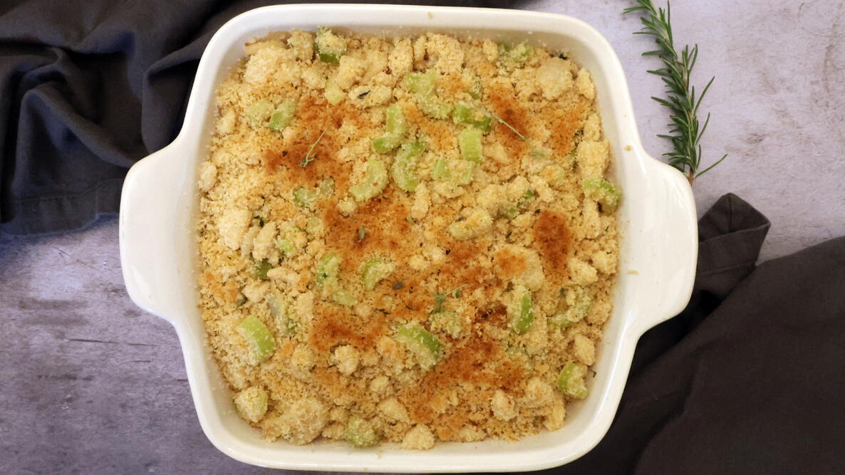 chestnut dressing in a white baking dish