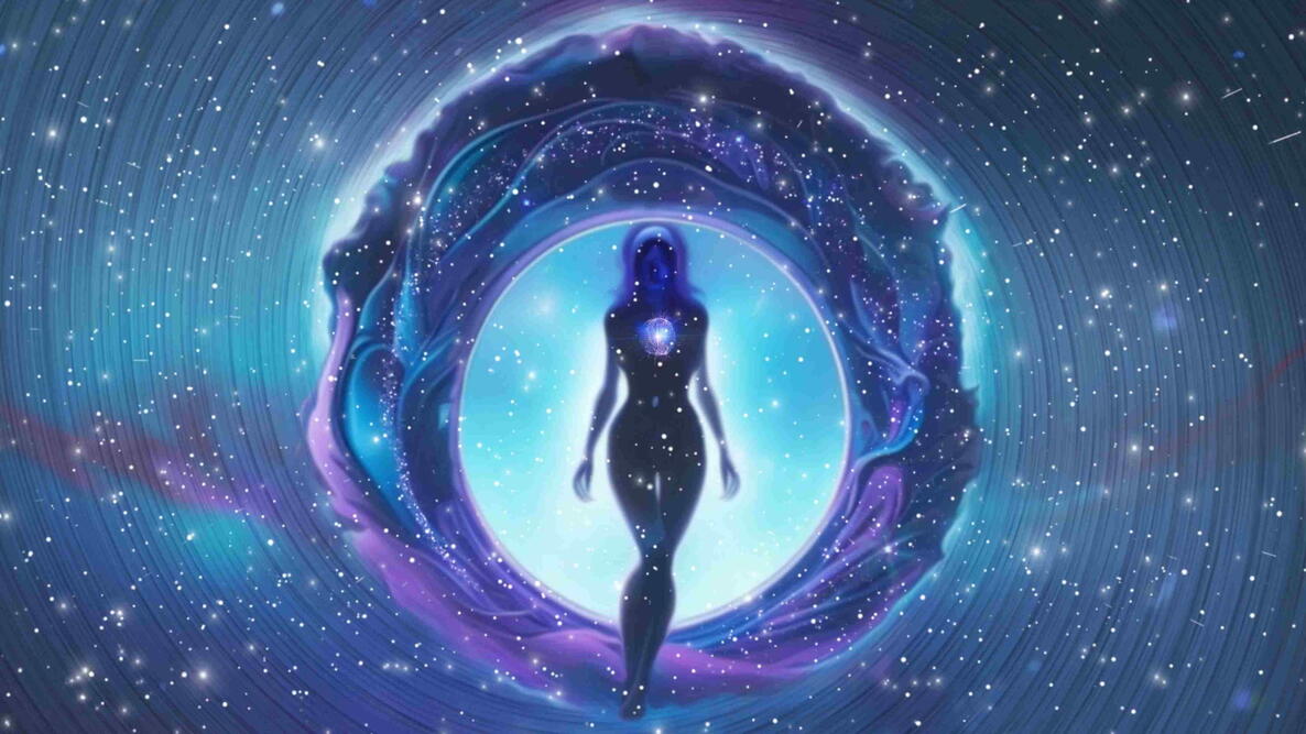 Illustration of a female silhouette surrounded by stars and a glowing cosmic portal, representing Black Moon Lilith in astrology.