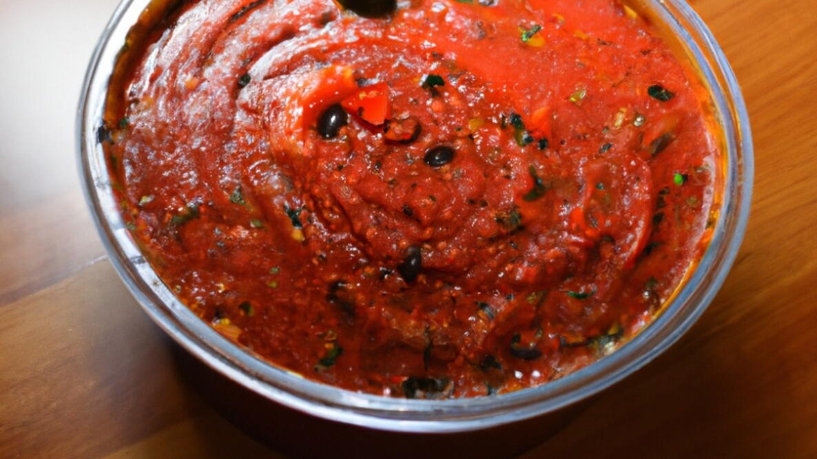a fresh tomato sauce with black olives in it in a bowl on a table