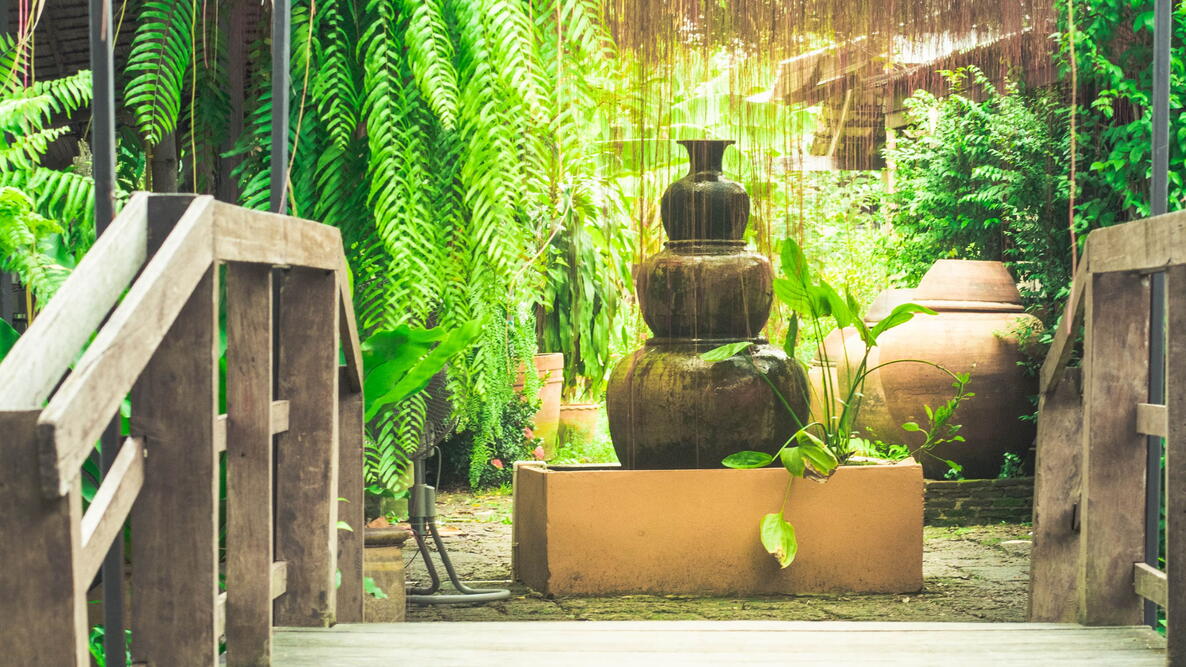 Fountain located in the center of garden, Feng shui in Thailand.
