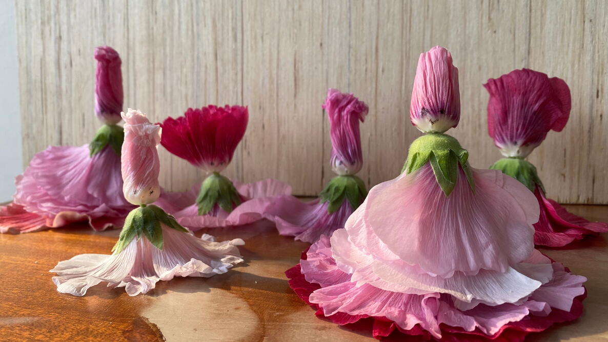 pink hollyhock dolls on a wooden table