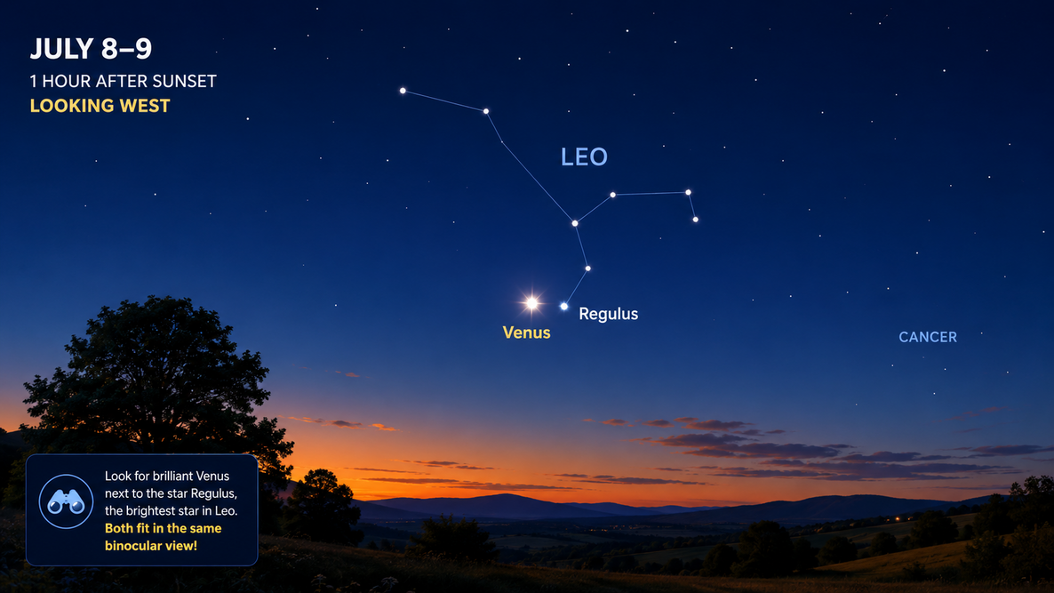 Sky chart showing Venus and Regulus in the western sky after sunset on July 8, 2026.