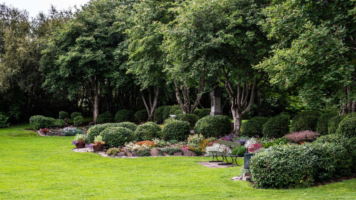 A garden landscape design featuring lawns, trees, evergreen topiary bushes and flower bed