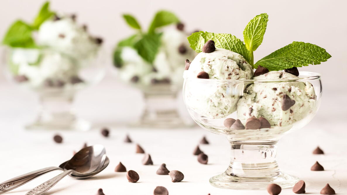 homemade mint chocolate chip ice cream with fresh mint