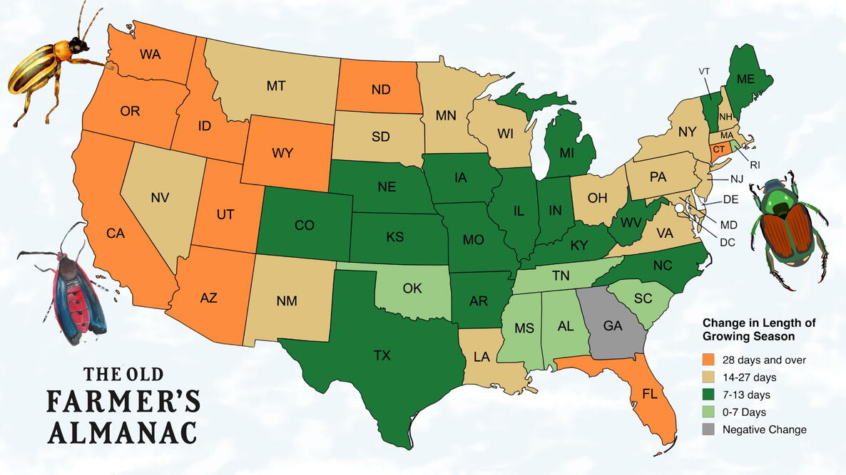 Map of the United States showing changes in growing season length by state from 1895–2015, with the largest increases in the West and shorter growing seasons in parts of the Southeast.