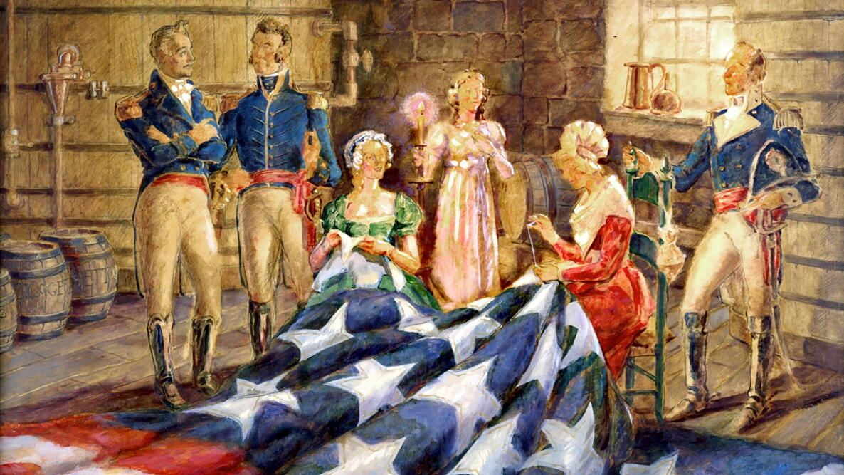 Historical painting of Mary Pickersgill and her assistants hand‑sewing the Star‑Spangled Banner flag in her Baltimore workshop.