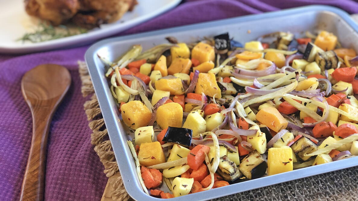 roasted winter veggies on a sheet pan