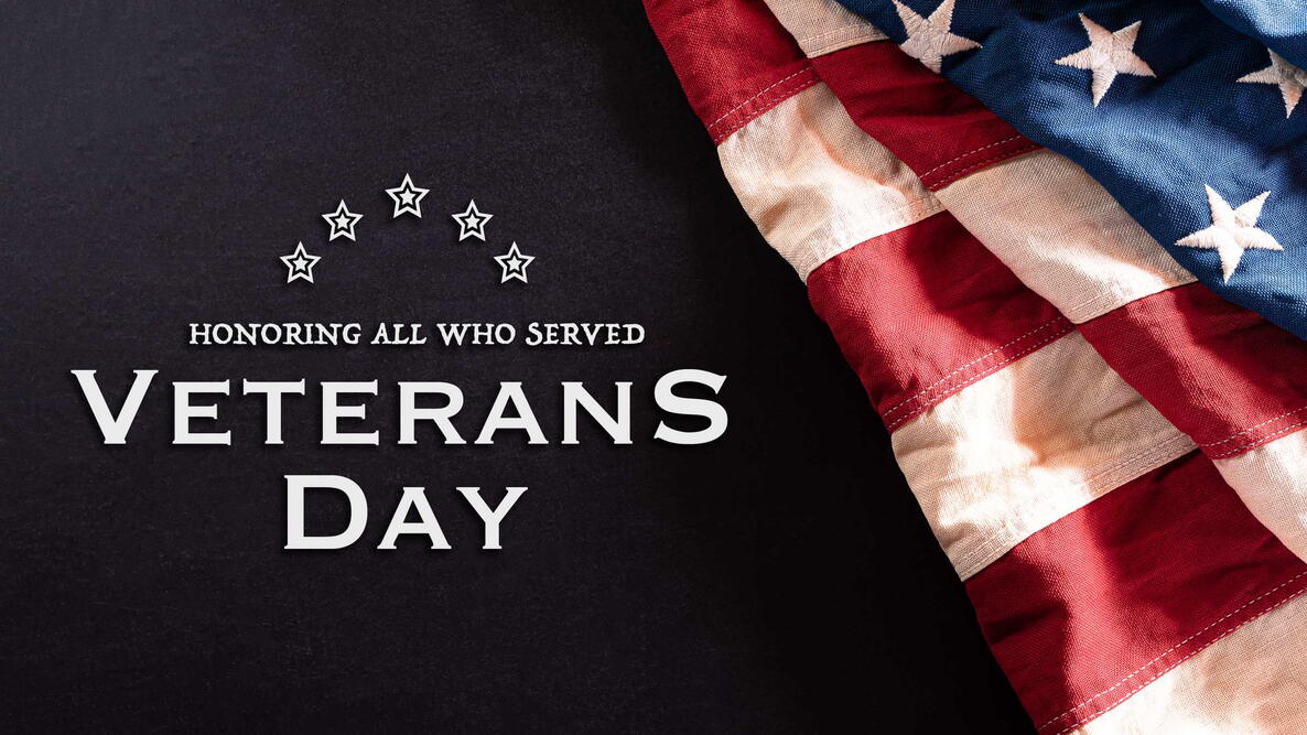 Happy Veterans Day concept. Vintage American flags against blackboard background. November 11.