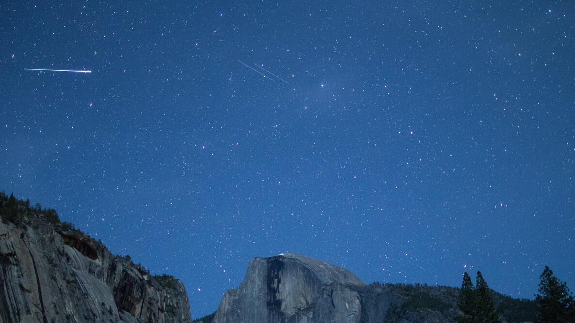 Eta Aquarids fireball and twin meteors over Half Dome, California, Yosemite National Park