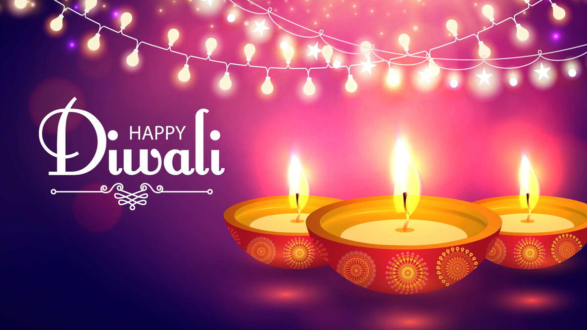 Happy Diwali. Traditional Indian Festival Background with Burning Lamps, Bokeh and Light Effects. Shining Diya. Vector illustration