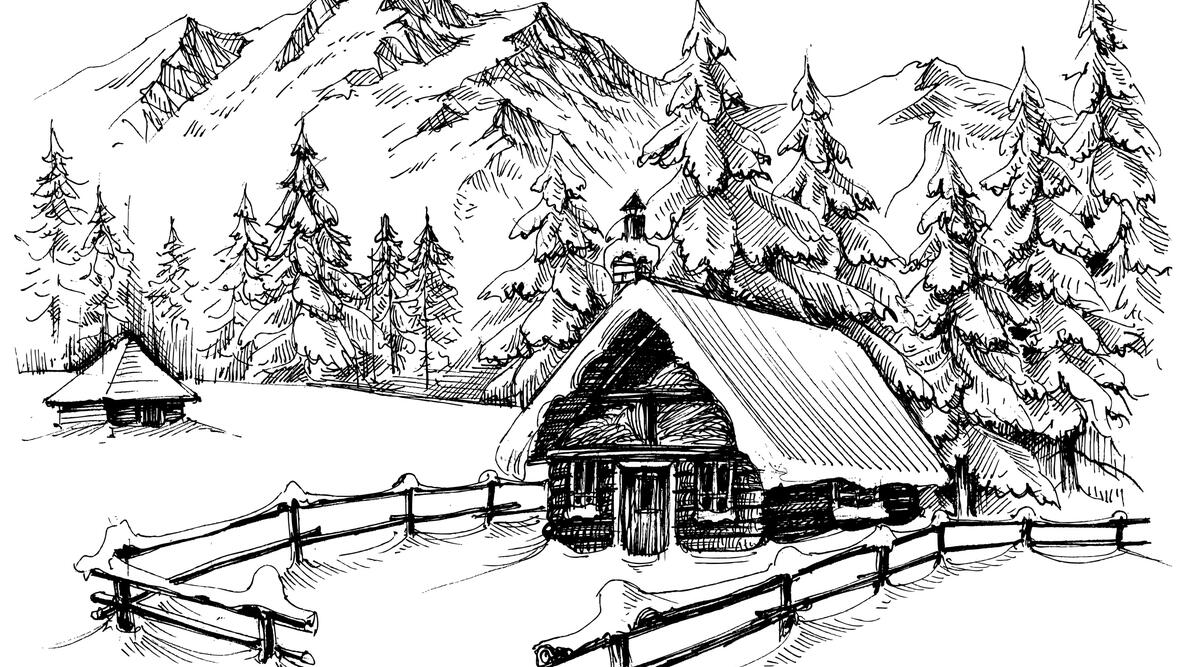 Snowy Cabin in Mountains