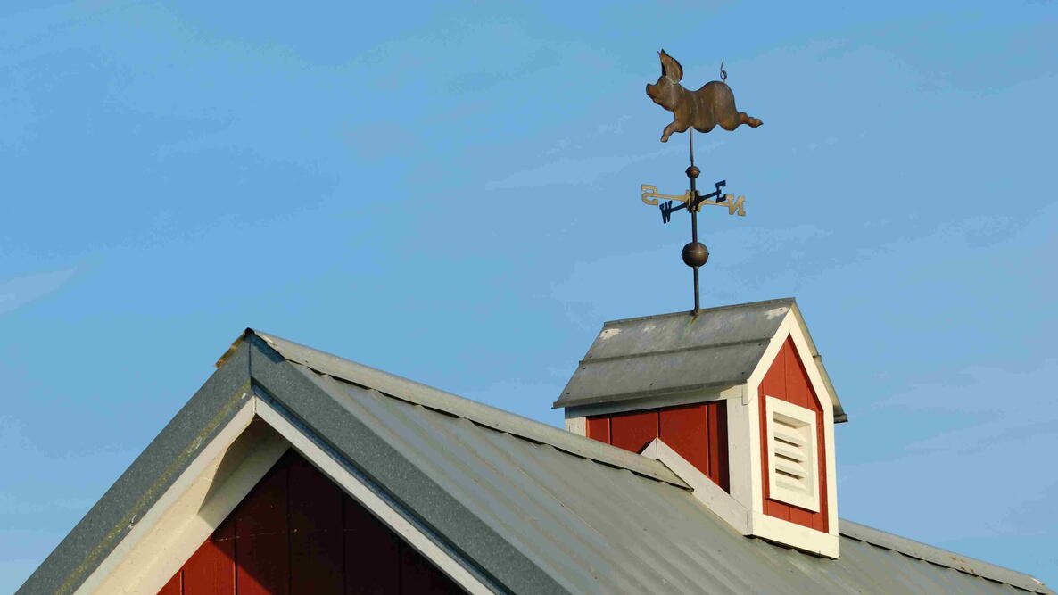 Weather vane atop a red barn against a blue sky, symbolizing changing weather patterns and seasonal forecasting.