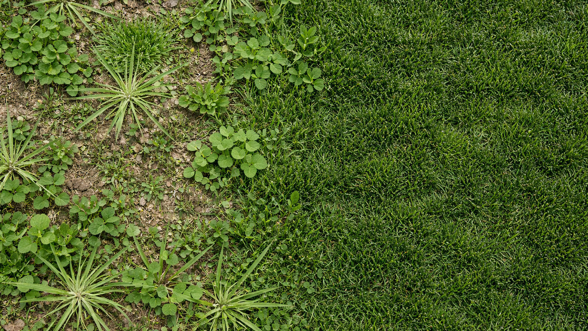 patchy lawn with weeds and bare soil next to healthy green grass