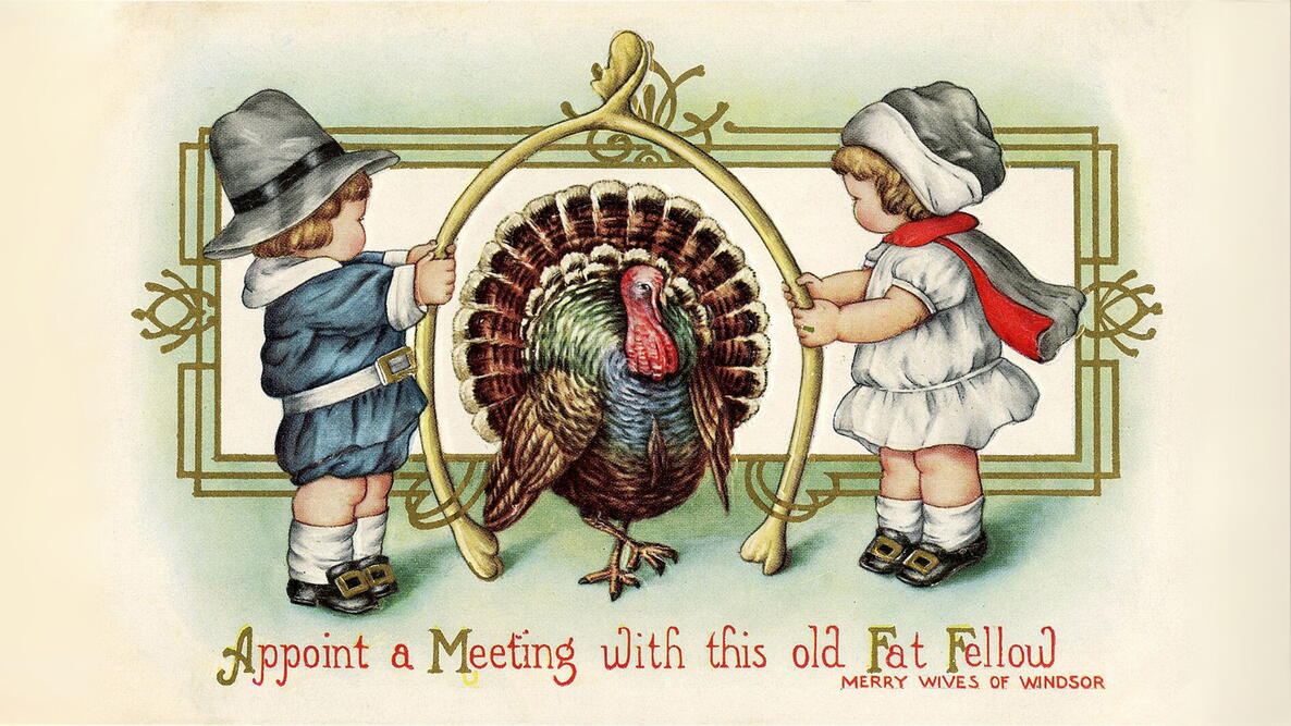kids at thanksgiving with a wishbone and turkey
