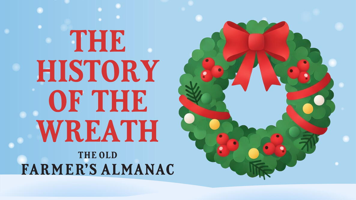 the history of the wreath, green holiday wreath on a snowy background