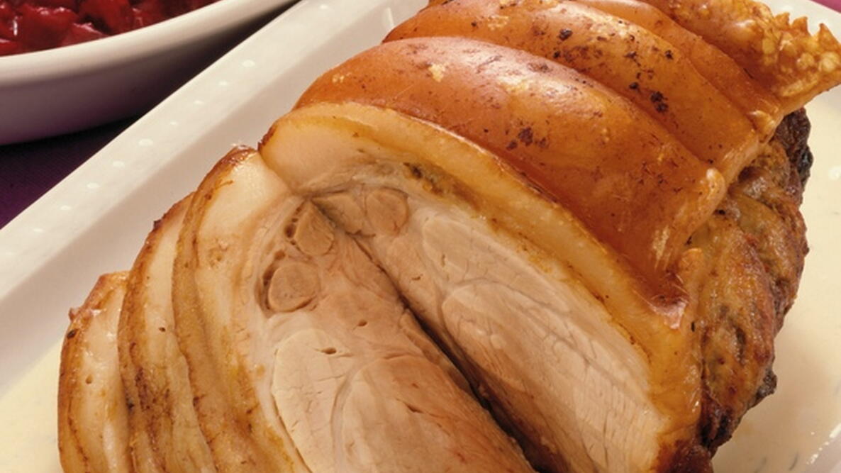 a brined pork roast that has been sliced