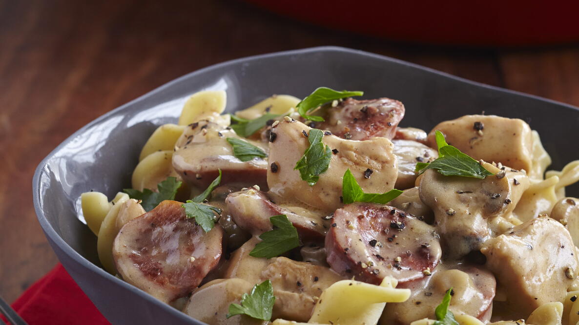 Chicken and Cajun Pork Sausage Stroganoff