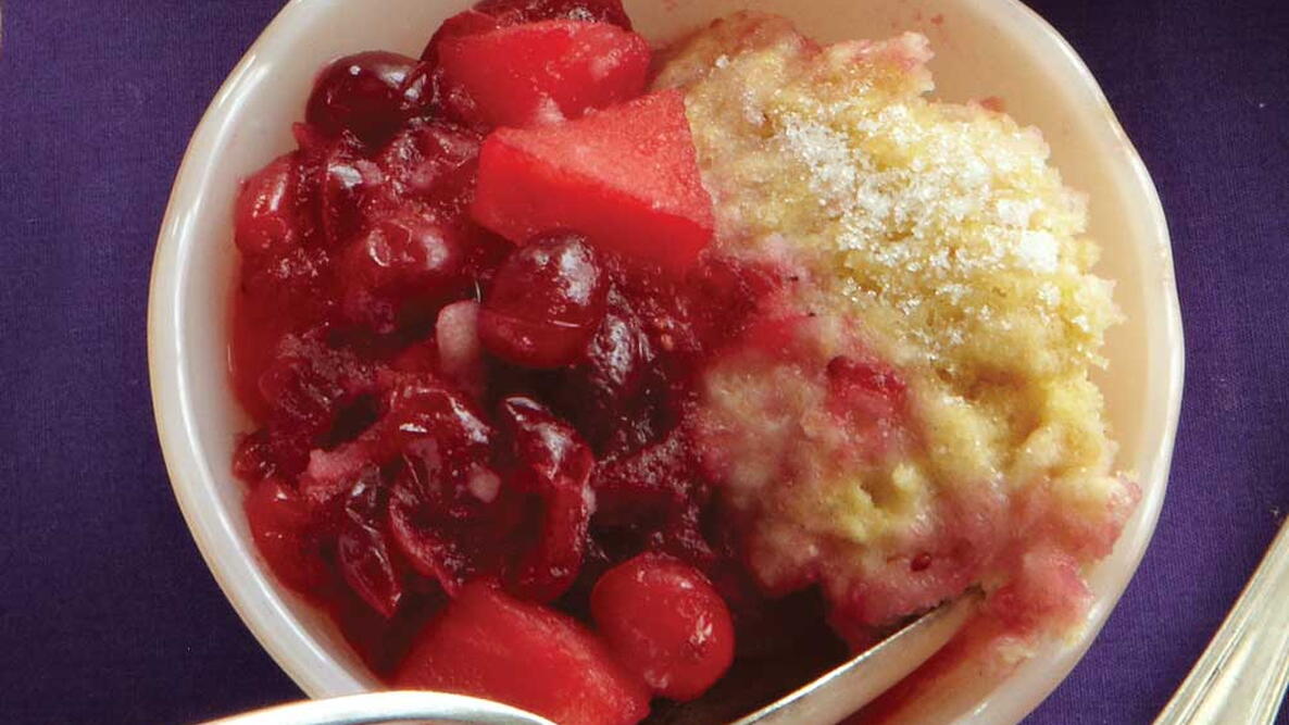 bowl of cranberry apple pear grunt
