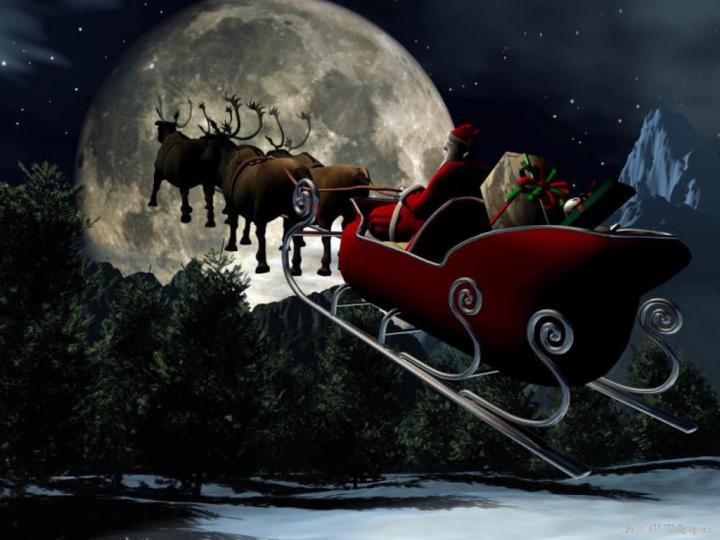 santa and his sleigh flying toward the moon