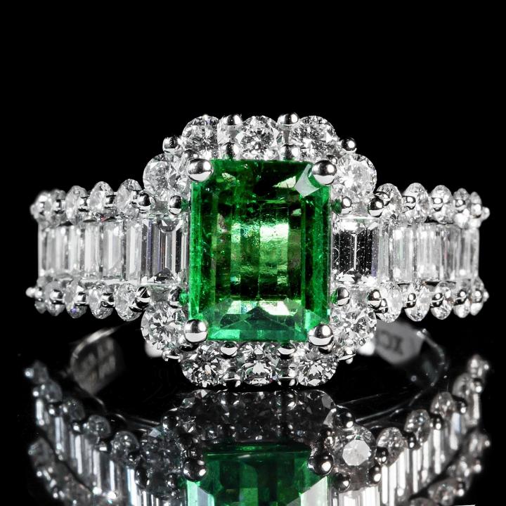 Emerald, May birthstone. ring with diamonds