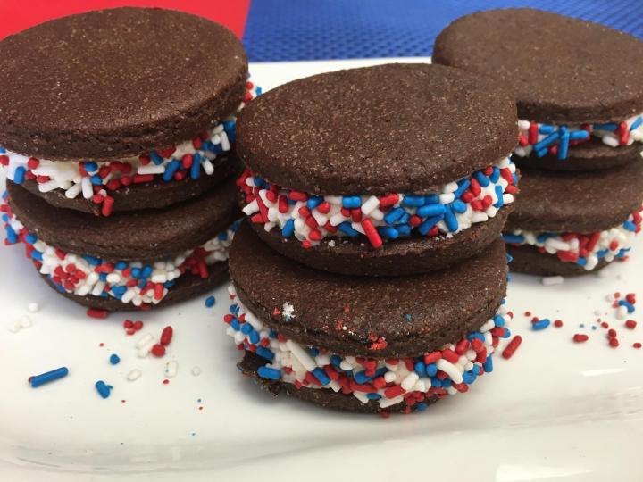 Chocolate Sandwich Cookies with Red, White, and Blue Sprinkles