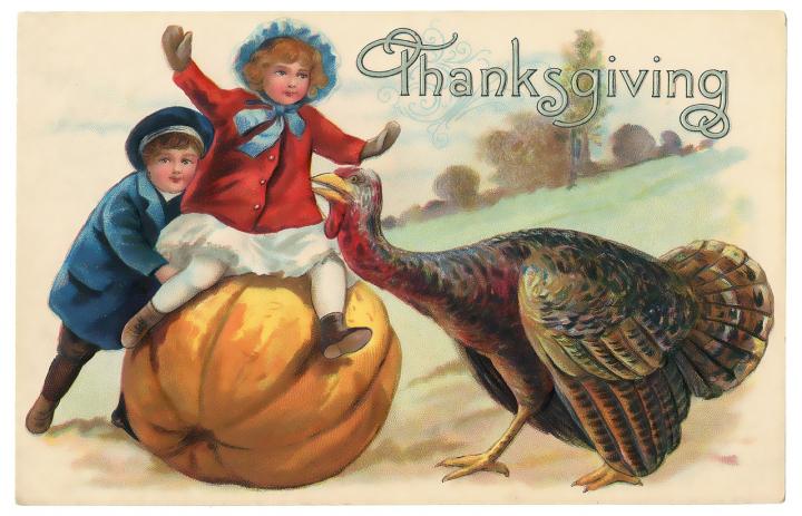 thanksgiving greeting card two kids on a pumpkin with a turkey