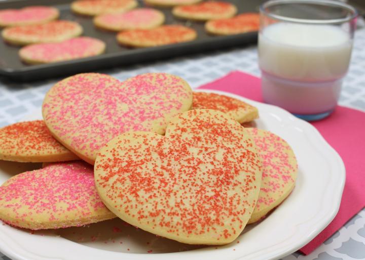 heart shaped butter cookies with red and pink sugar