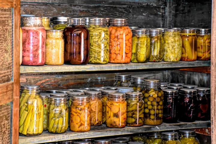 Root cellar filled with pickled and canned vegetables